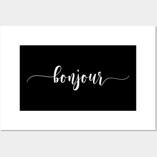 Bonjour Hello in French White Lettering Typography Art Posters and Art